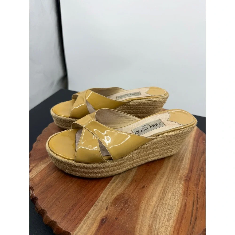 Jimmy Choo Panna Espadrille Slide Sandal Women 38 Tan Patent Leather Platform